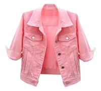 NLAVW Kurzärmlige Kurze Jeansjacke für Damen 3/4-Ärmel zerrissene Jacken Mantel,Rosa,L