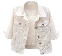 NLAVW Kurzärmlige Kurze Jeansjacke für Damen 3/4-Ärmel zerrissene Jacken Mantel,Weiß,XL