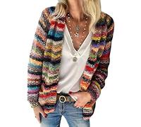 NLAVW Regenbogen-Strickjacke für Damen, Mehrfarbig, gestreift, vorne offen, Herbst-Winter-Strickpullover, übergroße Strickjacke,Rot,XL