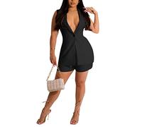 NLAVW Zweiteilige Damen-Outfits für ärmellosen, einfarbigen Blazer mit Shorts, lässige, Elegante Business-Anzug-Sets, leichte Jacke mit Kapuze,Schwarz,M