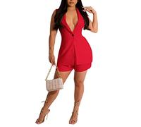 NLAVW Zweiteilige Damen-Outfits für ärmellosen, einfarbigen Blazer mit Shorts, lässige, Elegante Business-Anzug-Sets, leichte Jacke mit Kapuze,Rot,M