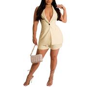 NLAVW Zweiteilige Damen-Outfits für ärmellosen, einfarbigen Blazer mit Shorts, lässige, Elegante Business-Anzug-Sets, leichte Jacke mit Kapuze,Beige,L