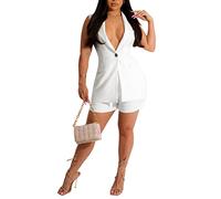 NLAVW Zweiteilige Damen-Outfits für ärmellosen, einfarbigen Blazer mit Shorts, lässige, Elegante Business-Anzug-Sets, leichte Jacke mit Kapuze,Weiß,XL