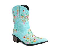 NMMAX 2023 Stiefeletten Western Cowboy Schuhe bestickt Nähen Blumen Cowgirl Schuhe Stiefel spitze Zehen für Frauen Blau,36