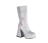 NMMAX Herzförmiges Pailletten-Stoffmaterial Farbblock Damen-Mittelstiefel Plateau, hoher, konischer Absatz, dickes Plüschfutter Stiefel silber,37