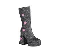 NMMAX Herzförmiges Pailletten-Stoffmaterial, Farbblock-Mittelstiefel für Damen Plateau-Stiefel mit hohem, konischem Absatz und dickem Plüschfutter Schwarz, 38