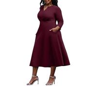 Nmoder Damen-Kleid, Übergröße, Stretch, ausgestelltes Wickelkleid, leger, Hochzeitsgäste, Midi-Kleider, V-Ausschnitt, 3/4-Ärmel, A-Linie, Swing-Kleid, 6X-Groß