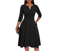 Nmoder Midi-Kleider für Damen, A-Linien-Passform und ausgestelltes Kleid, 3/4-Ärmel, V-Ausschnitt, Cocktailkleid, Hochzeit, Gast, Arbeitskleid mit Taschen, Schwarz, Mittel