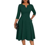 Nmoder Midi-Kleider für Damen, A-Linien-Passform und ausgestelltes Kleid, 3/4-Ärmel, V-Ausschnitt, Cocktailkleid, Hochzeit, Gast, Arbeitskleid mit Taschen, pine green, X-Groß