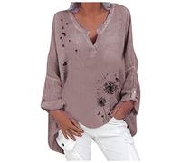 NNGOTD Damen Langarmshirts Oversize Baumwolle Leinen Tops Casual Schmetterling Print Tunika Plus Size Langarm Langarm V-Ausschnitt Loose Shirt Bluse