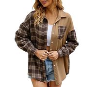 NNGOTD Frauen-Herbst-dünne Langarm-Patchwork-Plaid-Druck-mittellange Hemd-Jacke Strickpullover Bauchfrei Damen (M2022A-Khaki, S)