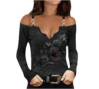 NNGOTD Langarmshirts Damen V Ausschnitt Spitze Off Shoulder Bluse Retro Totenkopf Drucken Langarm T-Shirt Pullover Oberteile Casual Tunika Tops Trägerlos Langarm Shirts Bluse Langarmshirt Lose Blusen