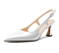 NobleOnly Damen Geschlossene Spitze Zehenkappe Mittlerem Kitten Absatz Heel Slingback Pumps Schnalle Dress Slip-on Perlenbesetzte Schuhe 6.5 cm Heels Weiß 38 EU