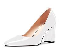 NobleOnly Damen Hoher High Chunky Blockabsatz Absatz Heel Eckige Geschlossene Zehenkappe Slip-on Pumps Klassisch Cute Dress Schuhe Weiß Lackleder 37 EU