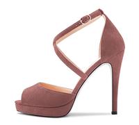 NobleOnly Damen Hoher High Stiletto Plateau Plattform Absatz Heel Kreuzriemen Peep Open Zehenkappe Sandalen Sexy Clear Dress 12 CM Heels Braun-1 45 EU