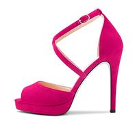 NobleOnly Damen Hoher High Stiletto Plateau Plattform Absatz Heel Kreuzriemen Peep Open Zehenkappe Sandalen Sexy Clear Dress 12 CM Heels Magenta Rot 44 EU