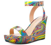 NobleOnly Damen Open Zehenkappe Hoher High Keilabsatz Absatz Heel Plateau Plattform Knöchelriemen Sandalen Schnalle Dress Abschlussball Schuhe 10 CM Heels Buntes Graffiti 42 EU