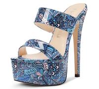 NobleOnly Damen Plateau Hoher High Absatz Heel Runde Open Zehenkappe Slip-on Pantoletten Schuhe Hochzeit Party Dress Schuhe 15 CM Heels Blau Mehrfarbig 37 EU