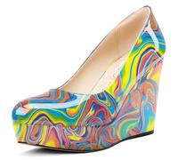 NobleOnly Damen Plateau Plattform Keilabsatz Pumps Slip-on Geschlossene Runde Zehenkappe Dress Lässig Party Schuhe 10 cm Heels Buntes Graffiti 37 EU