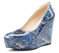 NobleOnly Damen Plateau Plattform Keilabsatz Pumps Slip-on Geschlossene Runde Zehenkappe Dress Lässig Party Schuhe 10 cm Heels Blau Mehrfarbig 37 EU