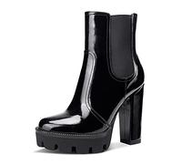 NobleOnly Damen Plattform Mode-Stiefel Knöchelhoch Reißverschluss Chelsea Boots Blockabsatz 12CM High Heels Schwarz Lackleder Schuhe EU44
