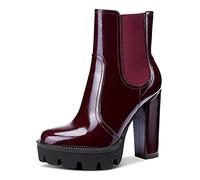 NobleOnly Damen Plattform Mode-Stiefel Knöchelhoch Reißverschluss Chelsea Boots Blockabsatz 12CM High Heels Rot Burgund Lackleder Schuhe EU37