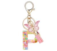 Nodigao Schlüsselanhänger mit Schlaufen für Mädchen Damen Frauen mit Quasten Rosa Schmetterling Buchstabe Schlüssel Taschenanhänger - P