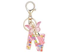 Nodigao Schlüsselanhänger mit Schlaufen für Mädchen Damen Frauen mit Quasten Rosa Schmetterling Buchstabe Schlüssel Taschenanhänger - N