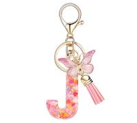 Nodigao Schlüsselanhänger mit Schlaufen für Mädchen Damen Frauen mit Quasten Rosa Schmetterling Buchstabe Schlüssel Taschenanhänger - J