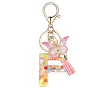 Nodigao Schlüsselanhänger mit Schlaufen für Mädchen Damen Frauen mit Quasten Rosa Schmetterling Buchstabe Schlüssel Taschenanhänger - F