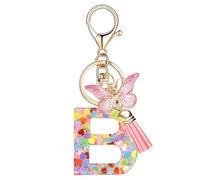 Nodigao Schlüsselanhänger mit Schlaufen für Mädchen Damen Frauen mit Quasten Rosa Schmetterling Buchstabe Schlüssel Taschenanhänger - B
