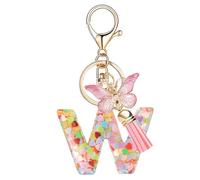Nodigao Schlüsselanhänger mit Schlaufen für Mädchen Damen Frauen mit Quasten Rosa Schmetterling Buchstabe Schlüssel Taschenanhänger - W