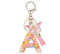 Nodigao Schlüsselanhänger mit Schlaufen für Mädchen Damen Frauen mit Quasten Rosa Schmetterling Buchstabe Schlüssel Taschenanhänger - A