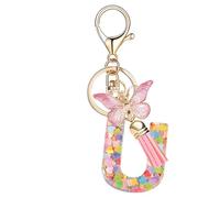 Nodigao Schlüsselanhänger mit Schlaufen für Mädchen Damen Frauen mit Quasten Rosa Schmetterling Buchstabe Schlüssel Taschenanhänger - U