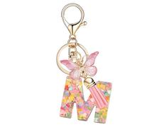 Nodigao Schlüsselanhänger mit Schlaufen für Mädchen Damen Frauen mit Quasten Rosa Schmetterling Buchstabe Schlüssel Taschenanhänger (M)