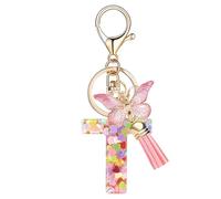 Nodigao Schlüsselanhänger mit Schlaufen für Mädchen Damen Frauen mit Quasten Rosa Schmetterling Buchstabe Schlüssel Taschenanhänger - T