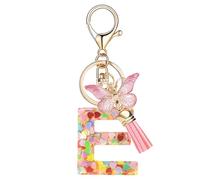 Nodigao Schlüsselanhänger mit Schlaufen für Mädchen Damen Frauen mit Quasten Rosa Schmetterling Buchstabe Schlüssel Taschenanhänger - E