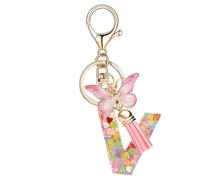 Nodigao Schlüsselanhänger mit Schlaufen für Mädchen Damen Frauen mit Quasten Rosa Schmetterling Buchstabe Schlüssel Taschenanhänger - V