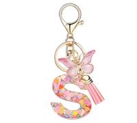 Nodigao Schlüsselanhänger mit Schlaufen für Mädchen Damen Frauen mit Quasten Rosa Schmetterling Buchstabe Schlüssel Taschenanhänger - S
