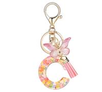 Nodigao Schlüsselanhänger mit Schlaufen für Mädchen Damen Frauen mit Quasten Rosa Schmetterling Buchstabe Schlüssel Taschenanhänger - C