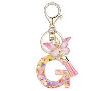 Nodigao Schlüsselanhänger mit Schlaufen für Mädchen Damen Frauen mit Quasten Rosa Schmetterling Buchstabe Schlüssel Taschenanhänger - G