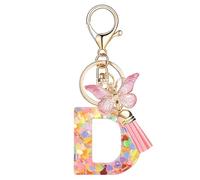 Nodigao Schlüsselanhänger mit Schlaufen für Mädchen Damen Frauen mit Quasten Rosa Schmetterling Buchstabe Schlüssel Taschenanhänger - D