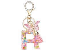 Nodigao Schlüsselanhänger mit Schlaufen für Mädchen Damen Frauen mit Quasten Rosa Schmetterling Buchstabe Schlüssel Taschenanhänger - R