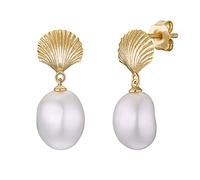 NOELANI Creolen 925 Sterling Silber Damen Ohrschmuck, mit Süßwasserzuchtperle, 2,3 cm, Gold, Muschel, Kommt in Schmuck Geschenk Box, 2031724