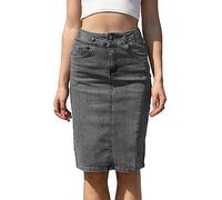 NOGRAX Satinrock Hohe Taille Jeansrock Frauen Lässig Midi Straight Bleistift Jean Rock-Dark Grey,XL