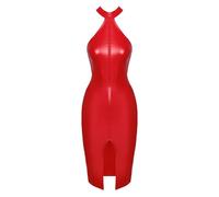 Noir Knallrotes, Schulterfreies Kleid im Powerwetlook mit Reißverschluss und Gehschlitz, Party Mididress M