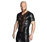 NOIR HANDMADE, H029-L, Men - Kunstleder/Tüll T-Shirt teiltransparent mit V-Ausschnitt und aufgesetzten Zierst