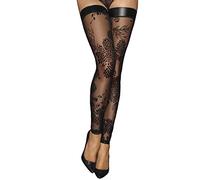 .NoirHandmade Schwarze Tüll Strümpfe mit floraler Flockstickerei und mattem wetlook Material elastisch M