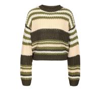 NOISY MAY Damen Nmcharlie L/S O-Neck Stripe Knit Noos Pullover, Kalamata/Stripes:Green Moss + Oatmeal + Eggnog, XL EU