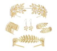 NOLACE Griechische Göttin Modeschmuck Set für Frauen, Römische Lorbeerblätter Krone Tiara Haarkamm Manschette Oberarm Armbänder Swirl Ohrringe Gold Hochzeit Braut Toga Party (5)